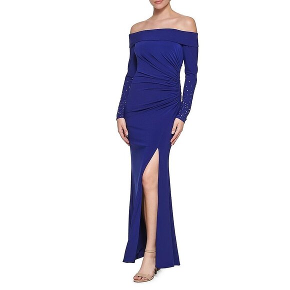 Vince Camuto Off-The-Shoulder Rhinestone Studded Ruched Maxi Gown Blue Size 12
